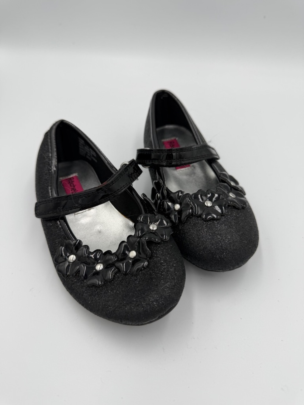 Rachel Shoes Toddler Girls 10 Formal Black Glitter Mary Jane Flats Floral Trim